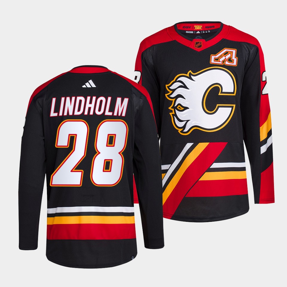 Men's Calgary Flames #28 Elias Lindholm Black 2022-23 Reverse Retro Stitched Jersey